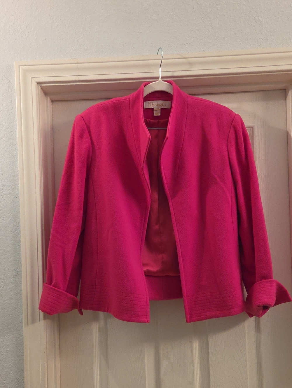Mainbocher Fushia Wool Cashmere Blend Open Ftont Cropped Jacket Size 12